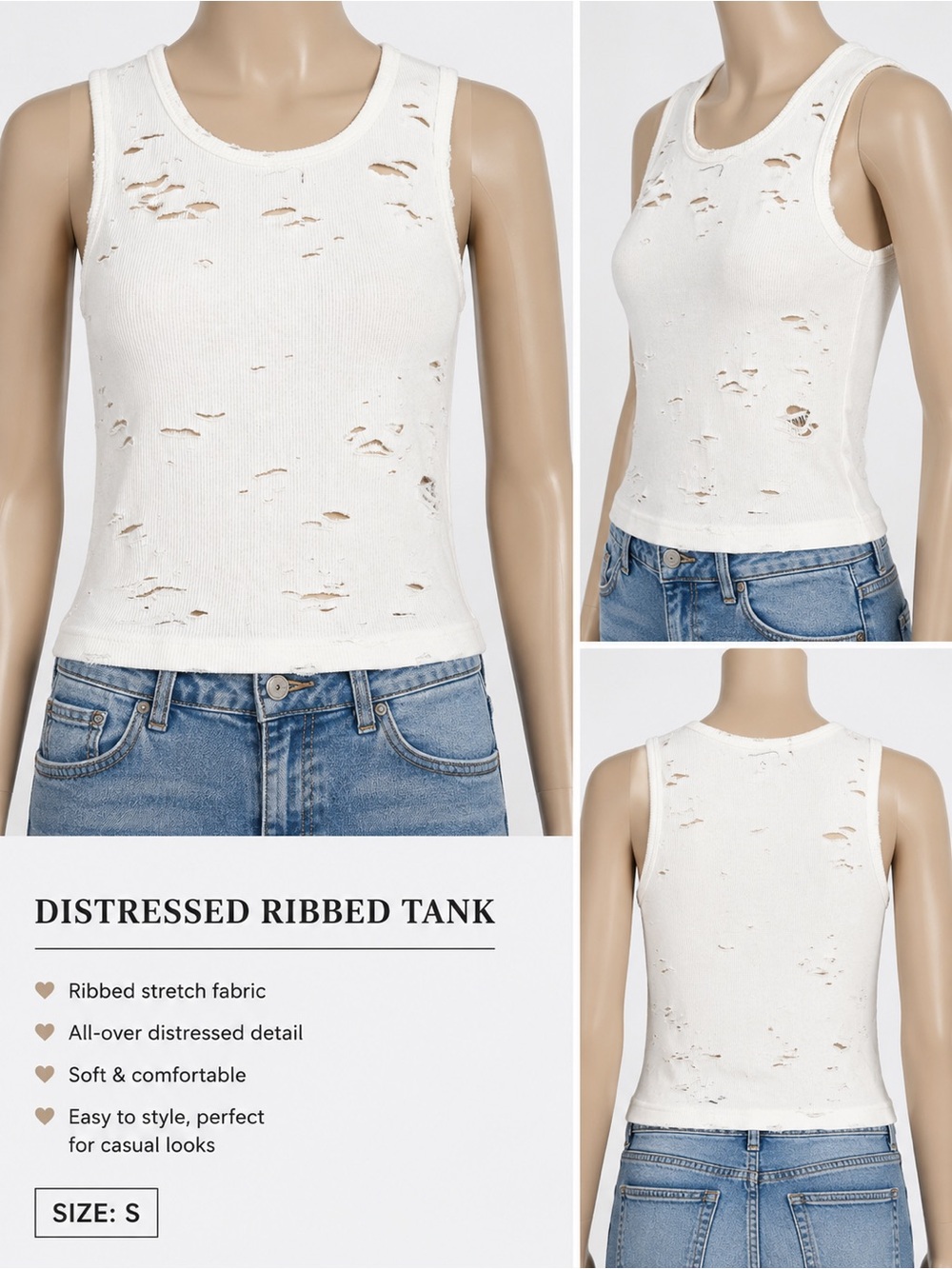 R13 Cream Distressed Ribbed Tank